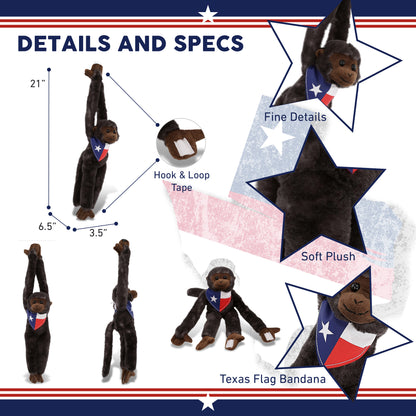 SUPER SOFT PLUSH - LONG ARM HANGING BLACK CAPUCHIN MONKEY WITH TEXAS FLAG BANDANA