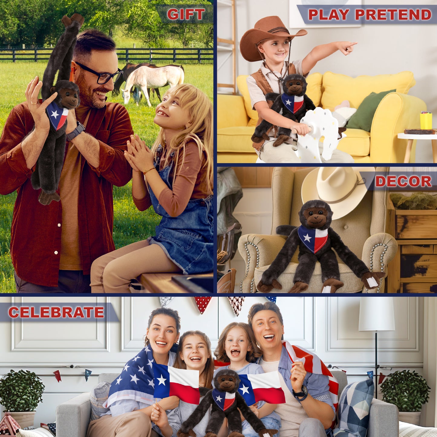 SUPER SOFT PLUSH - LONG ARM HANGING BLACK CAPUCHIN MONKEY WITH TEXAS FLAG BANDANA