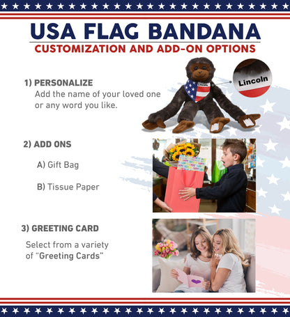 SUPER SOFT PLUSH - LONG ARM HANGING BLACK CAPUCHIN MONKEY WITH USA FLAG BANDANA
