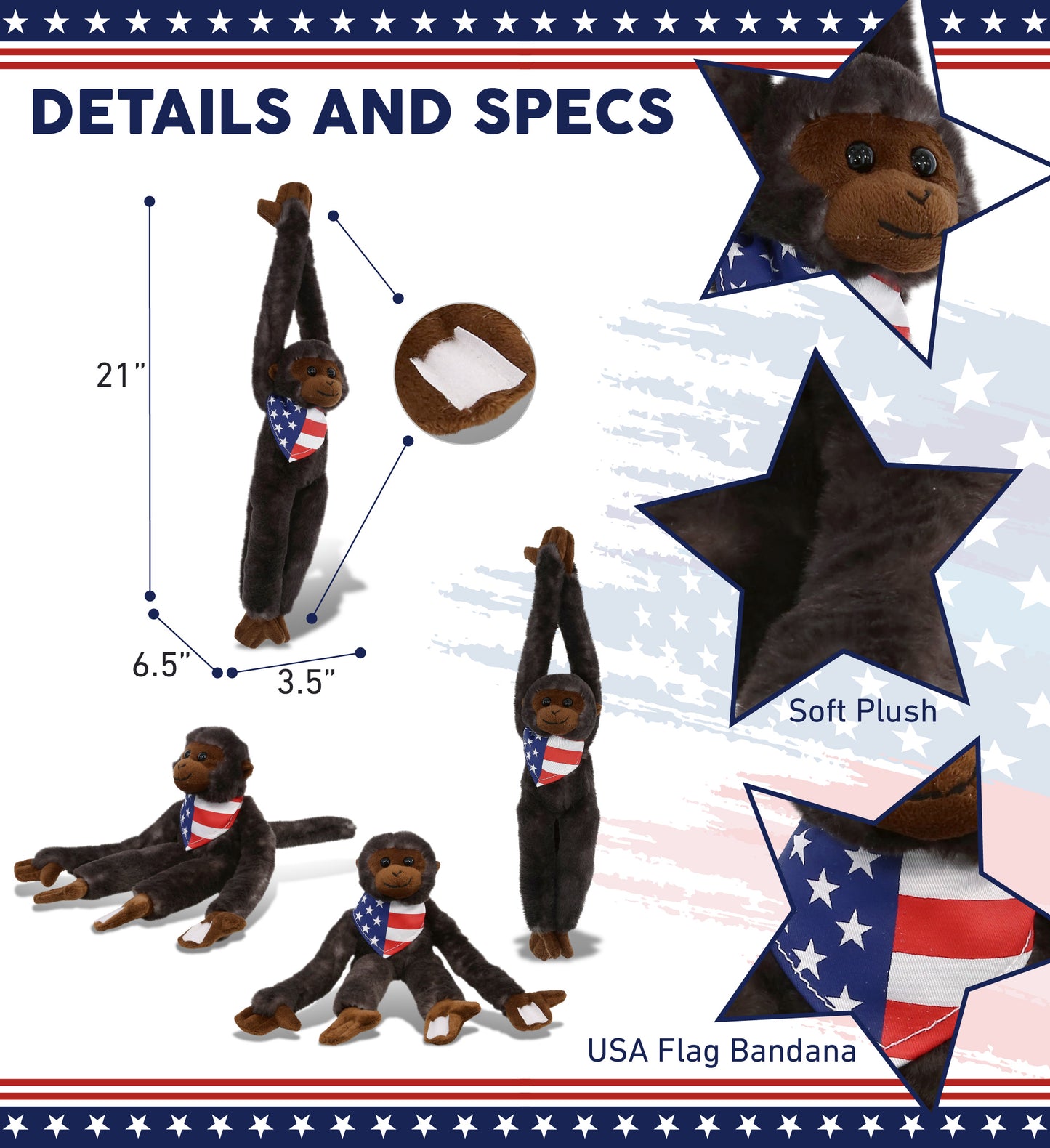 SUPER SOFT PLUSH - LONG ARM HANGING BLACK CAPUCHIN MONKEY WITH USA FLAG BANDANA