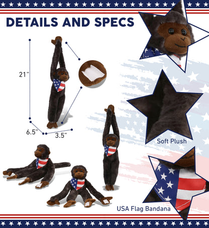 SUPER SOFT PLUSH - LONG ARM HANGING BLACK CAPUCHIN MONKEY WITH USA FLAG BANDANA