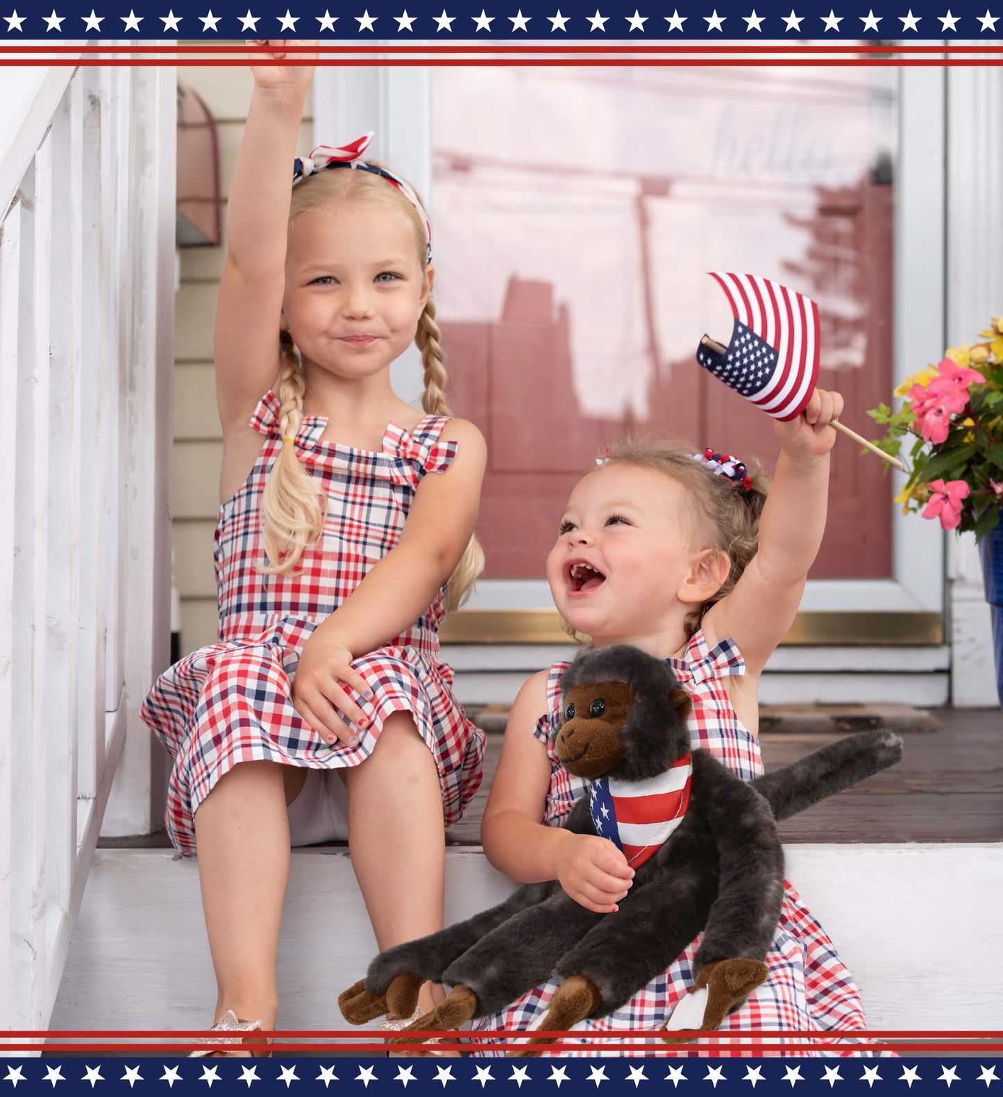SUPER SOFT PLUSH - LONG ARM HANGING BLACK CAPUCHIN MONKEY WITH USA FLAG BANDANA