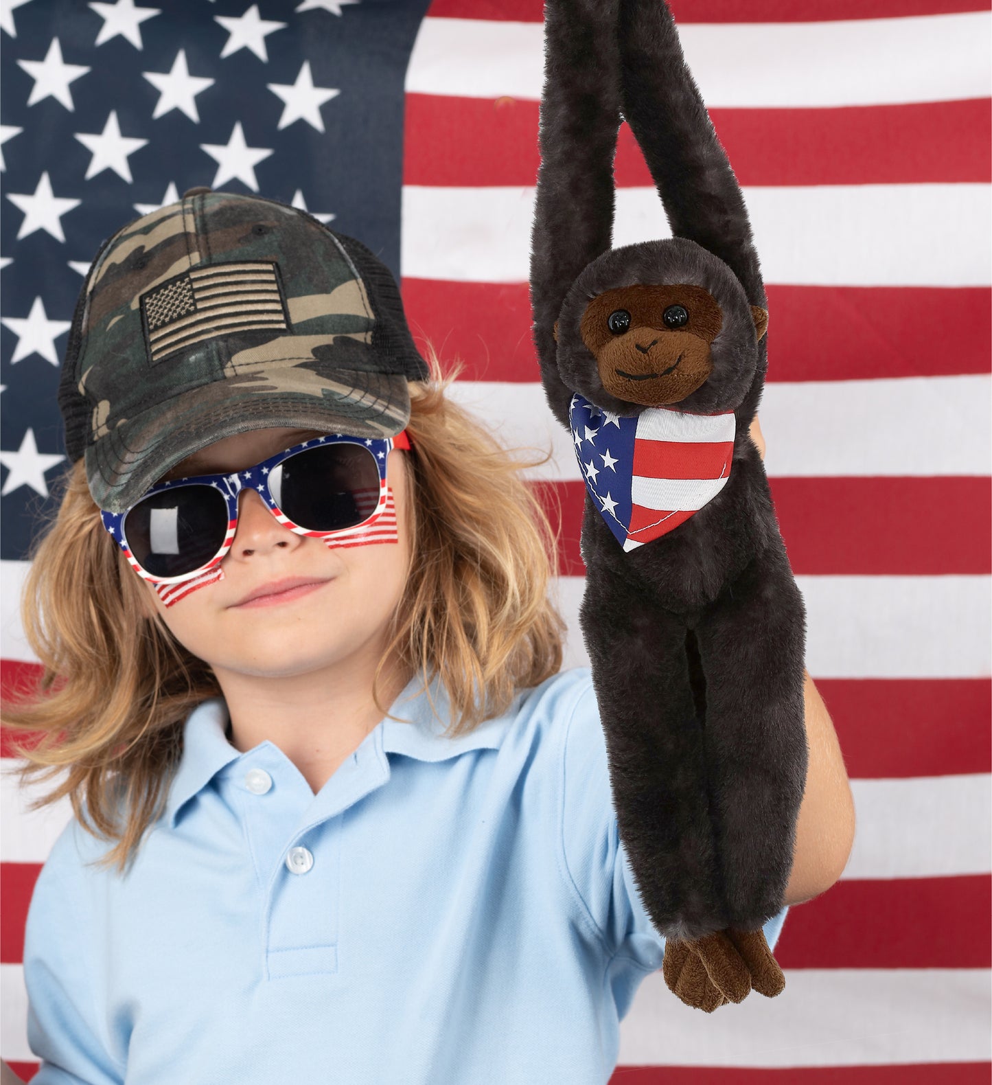 SUPER SOFT PLUSH - LONG ARM HANGING BLACK CAPUCHIN MONKEY WITH USA FLAG BANDANA