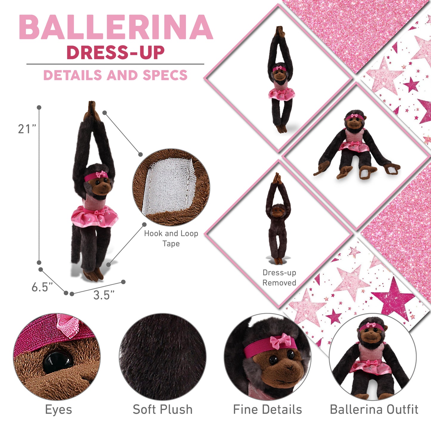 SUPER SOFT PLUSH - LONG ARM HANGING BLACK CAPUCHIN MONKEY BALLERINA