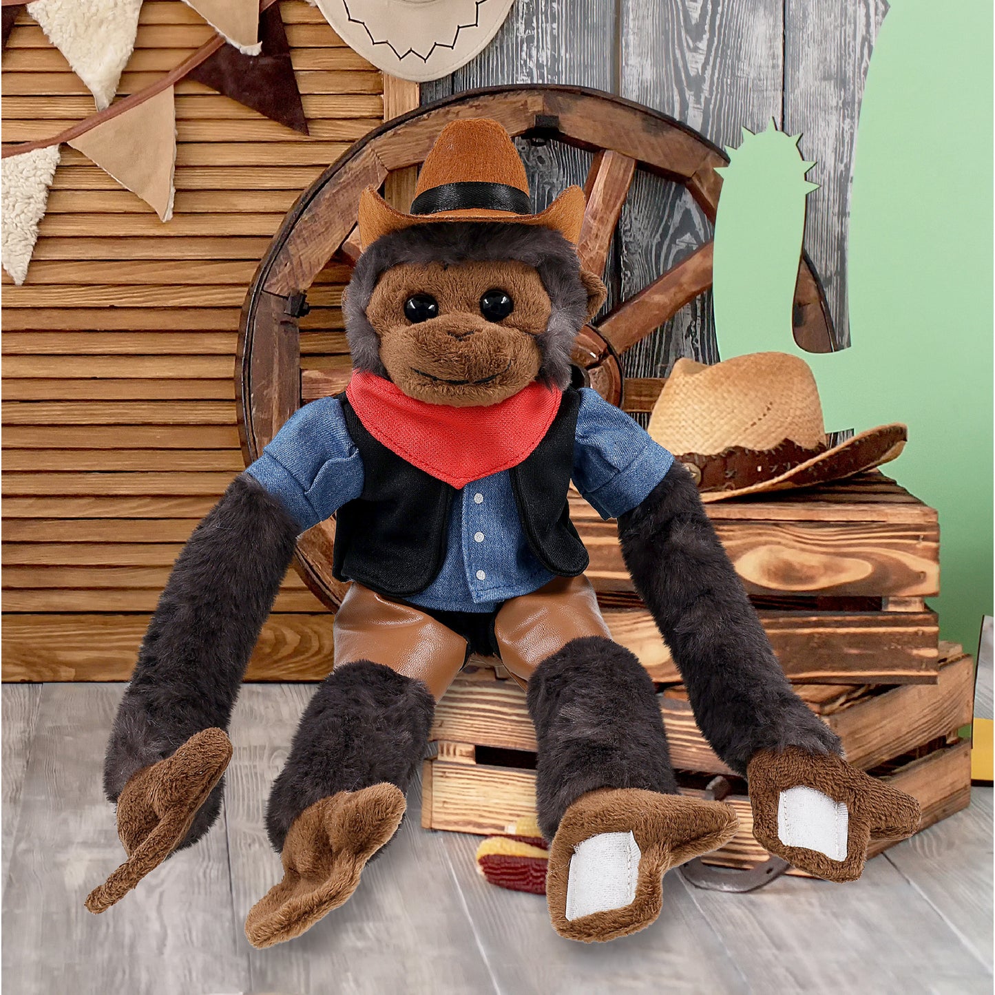 SUPER SOFT PLUSH - LONG ARM HANGING BLACK CAPUCHIN MONKEY COWBOY DRESS UP
