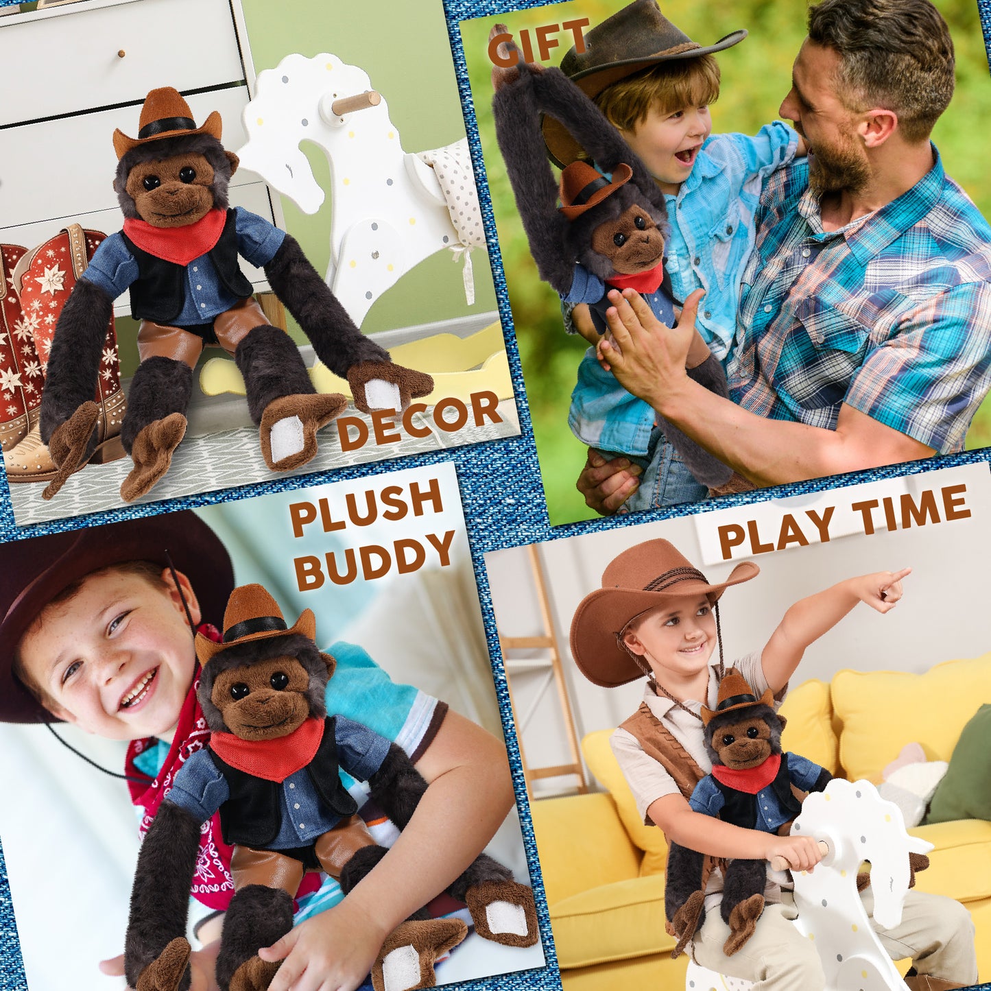 SUPER SOFT PLUSH - LONG ARM HANGING BLACK CAPUCHIN MONKEY COWBOY DRESS UP