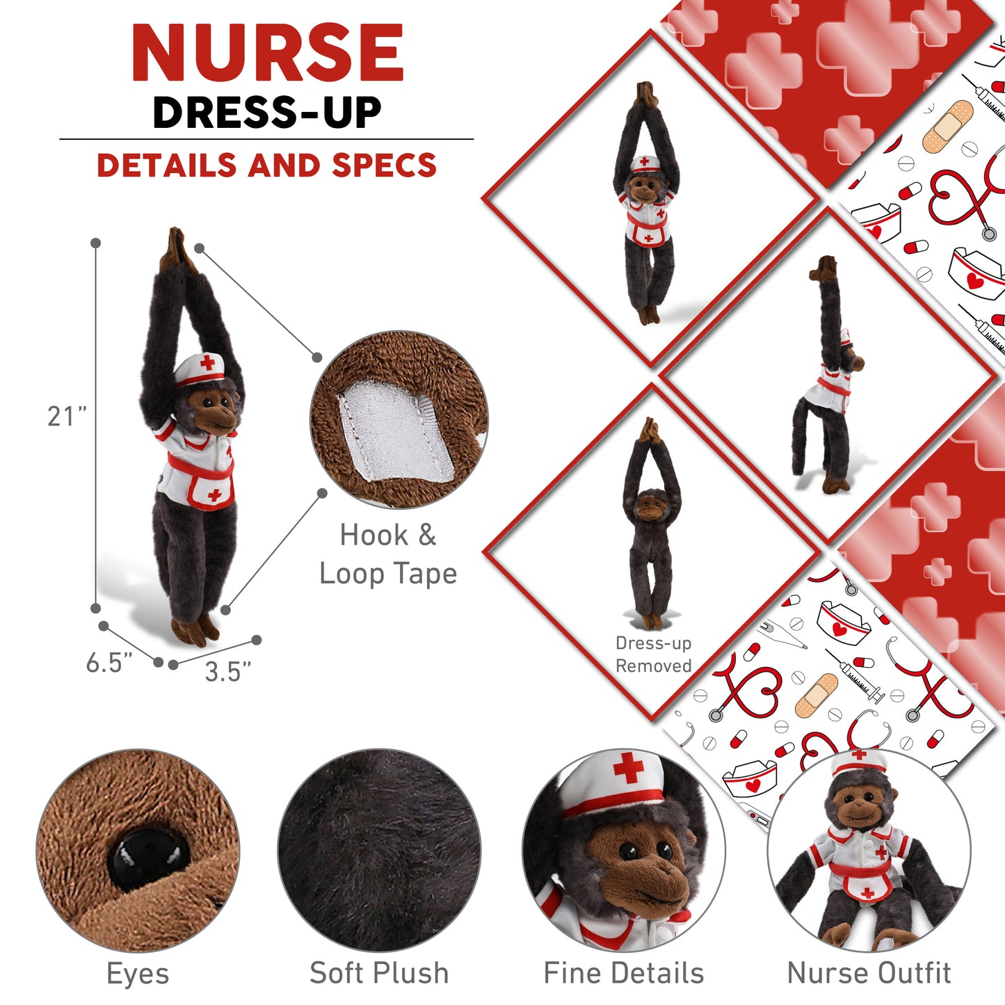 SUPER SOFT PLUSH - LONG ARM HANGING BLACK CAPUCHIN MONKEY With NURSE Dress-Up