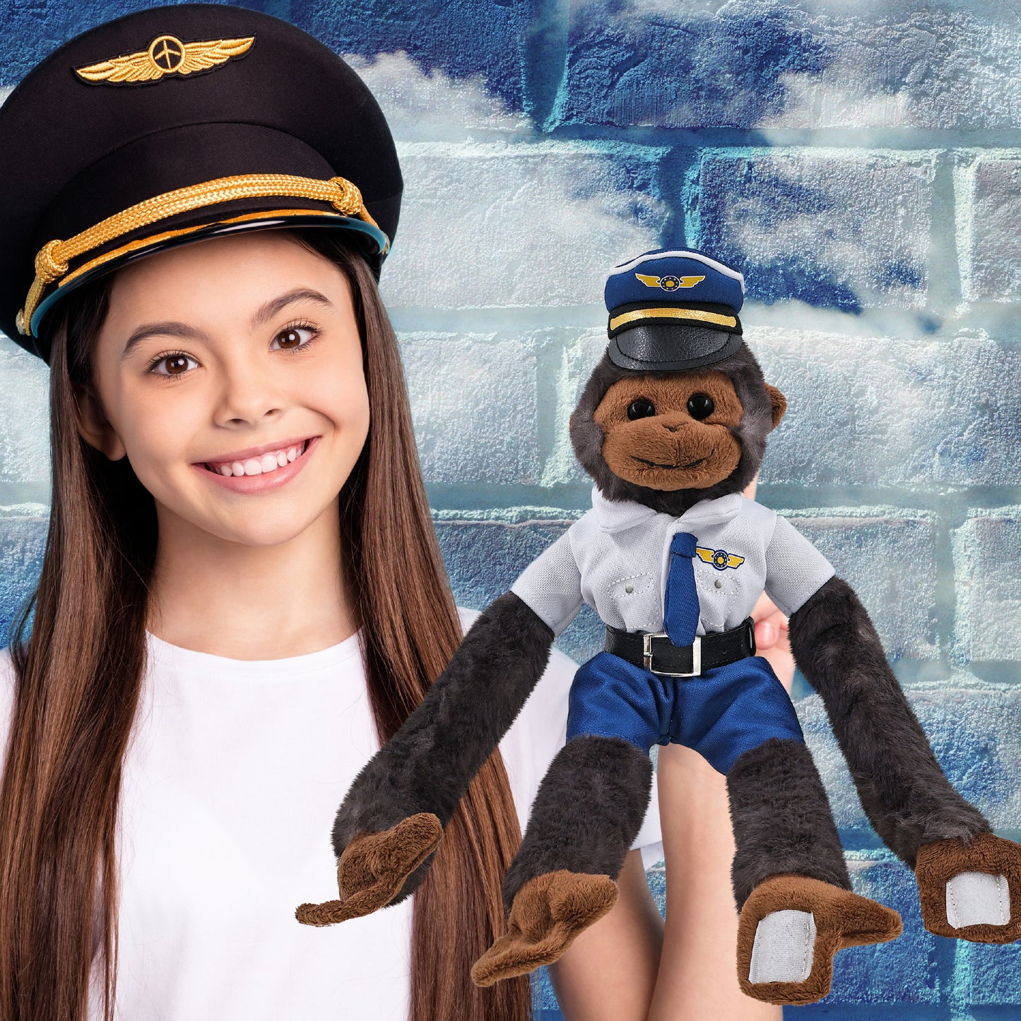 SUPER SOFT PLUSH - LONG ARM HANGING BLACK CAPUCHIN MONKEY WITH PILOT DRESS UP