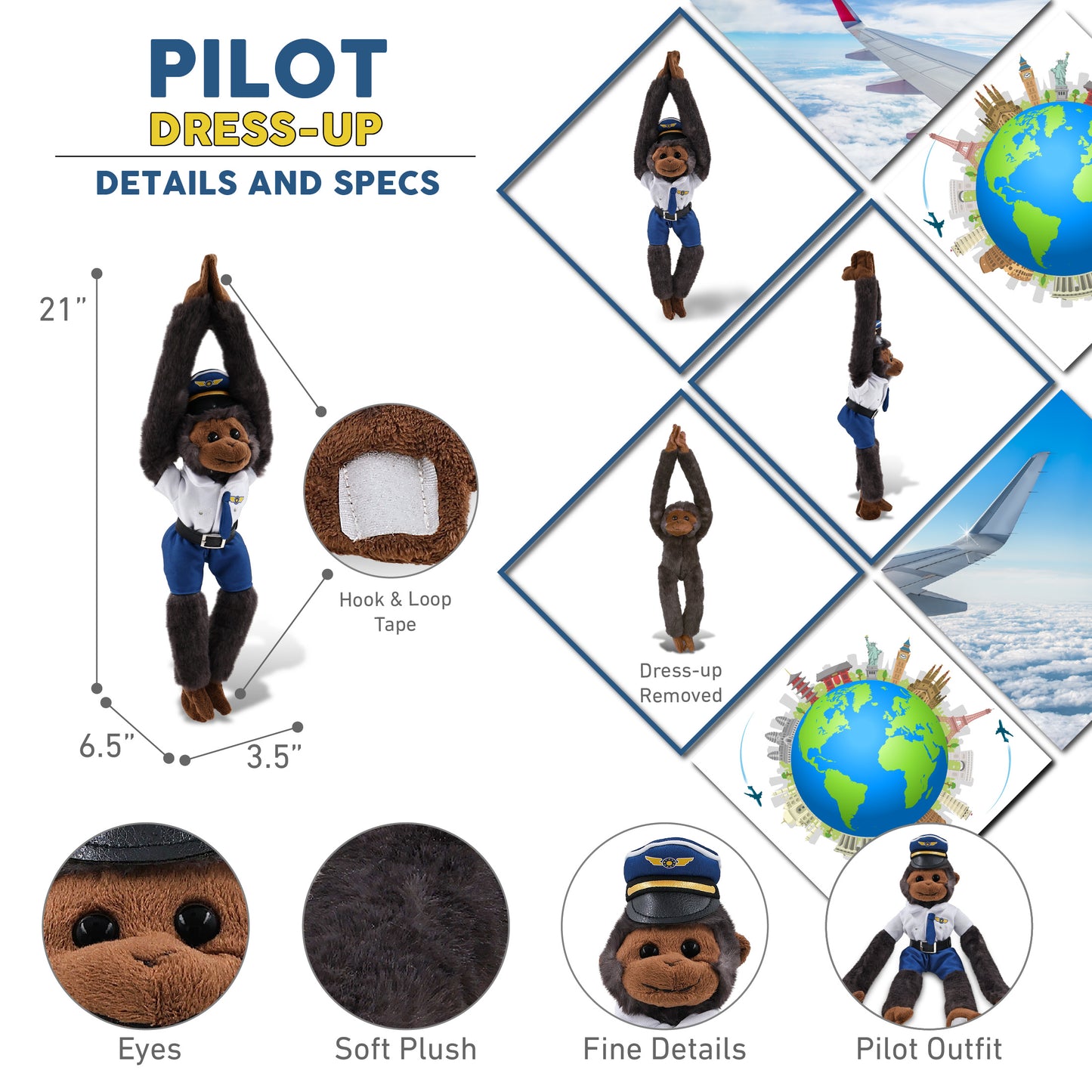 SUPER SOFT PLUSH - LONG ARM HANGING BLACK CAPUCHIN MONKEY WITH PILOT DRESS UP