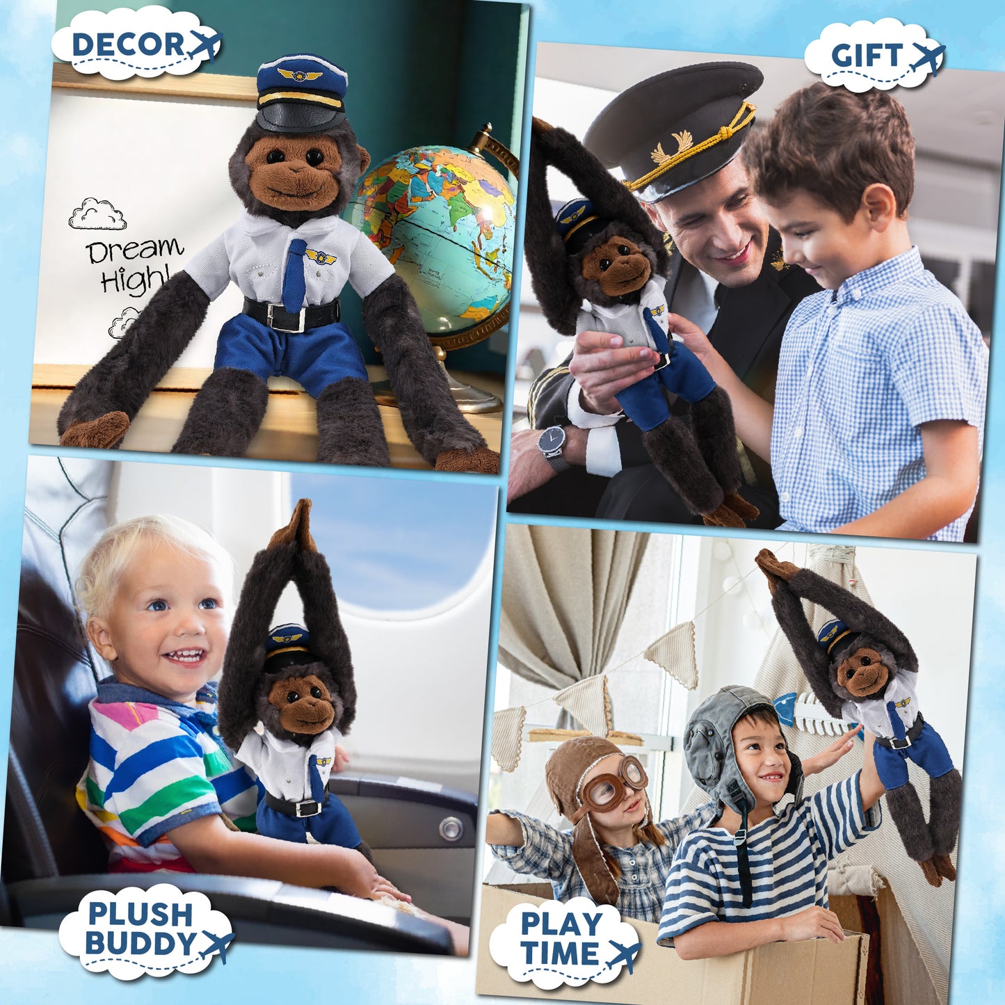 SUPER SOFT PLUSH - LONG ARM HANGING BLACK CAPUCHIN MONKEY WITH PILOT DRESS UP