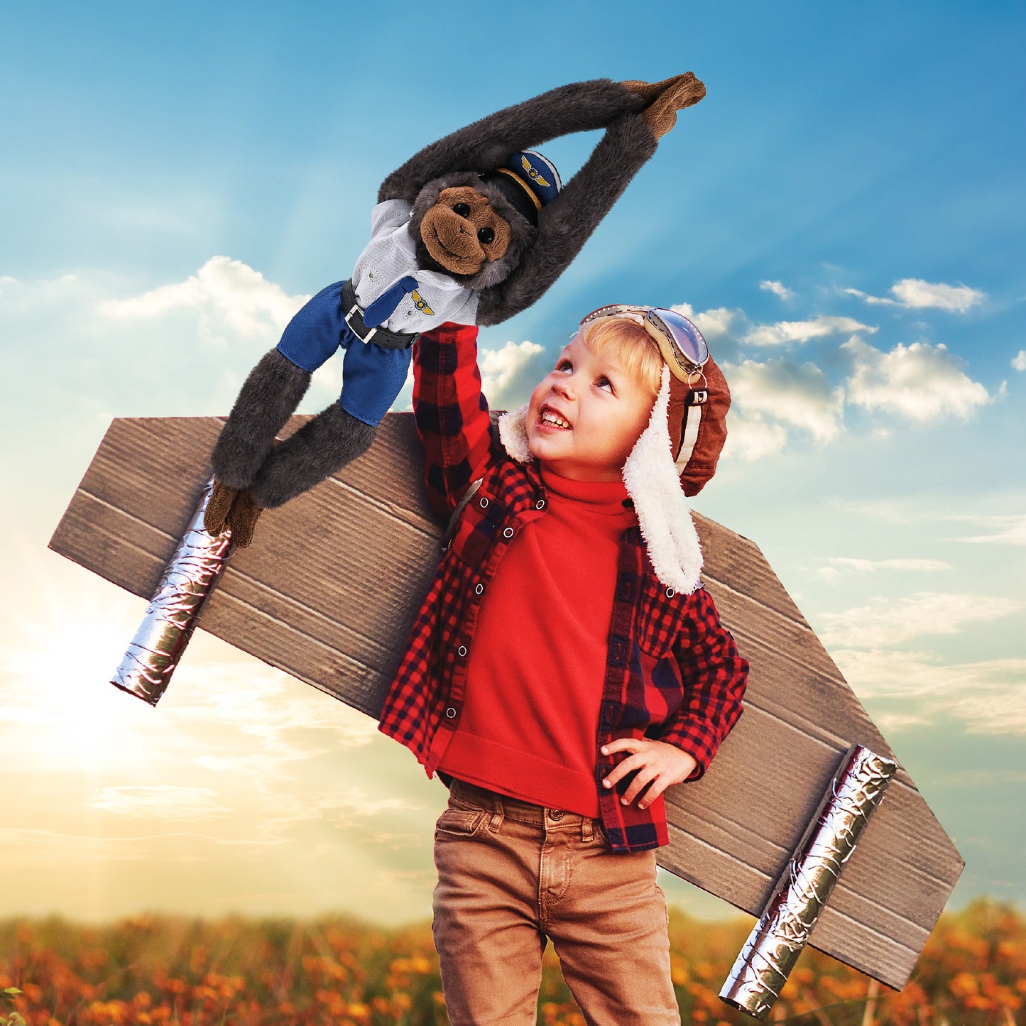 SUPER SOFT PLUSH - LONG ARM HANGING BLACK CAPUCHIN MONKEY WITH PILOT DRESS UP