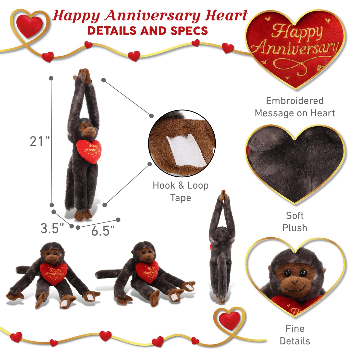 SUPER SOFT PLUSH - LONG ARM HANGING BLACK CAPUCHIN MONKEY WITH HAPPY ANNIVERSARY HEART
