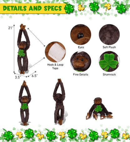 DolliBu Black Capuchin Monkey Stuffed Animal with Green Plush Shamrock, 21 Inch