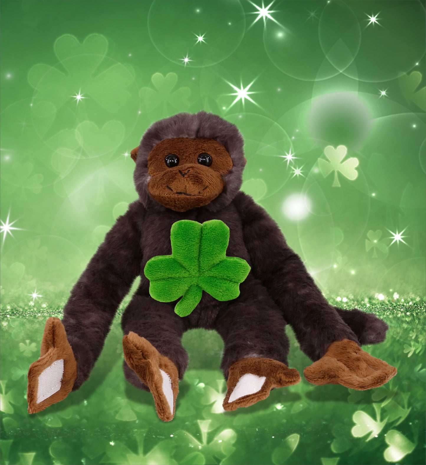 DolliBu Black Capuchin Monkey Stuffed Animal with Green Plush Shamrock, 21 Inch
