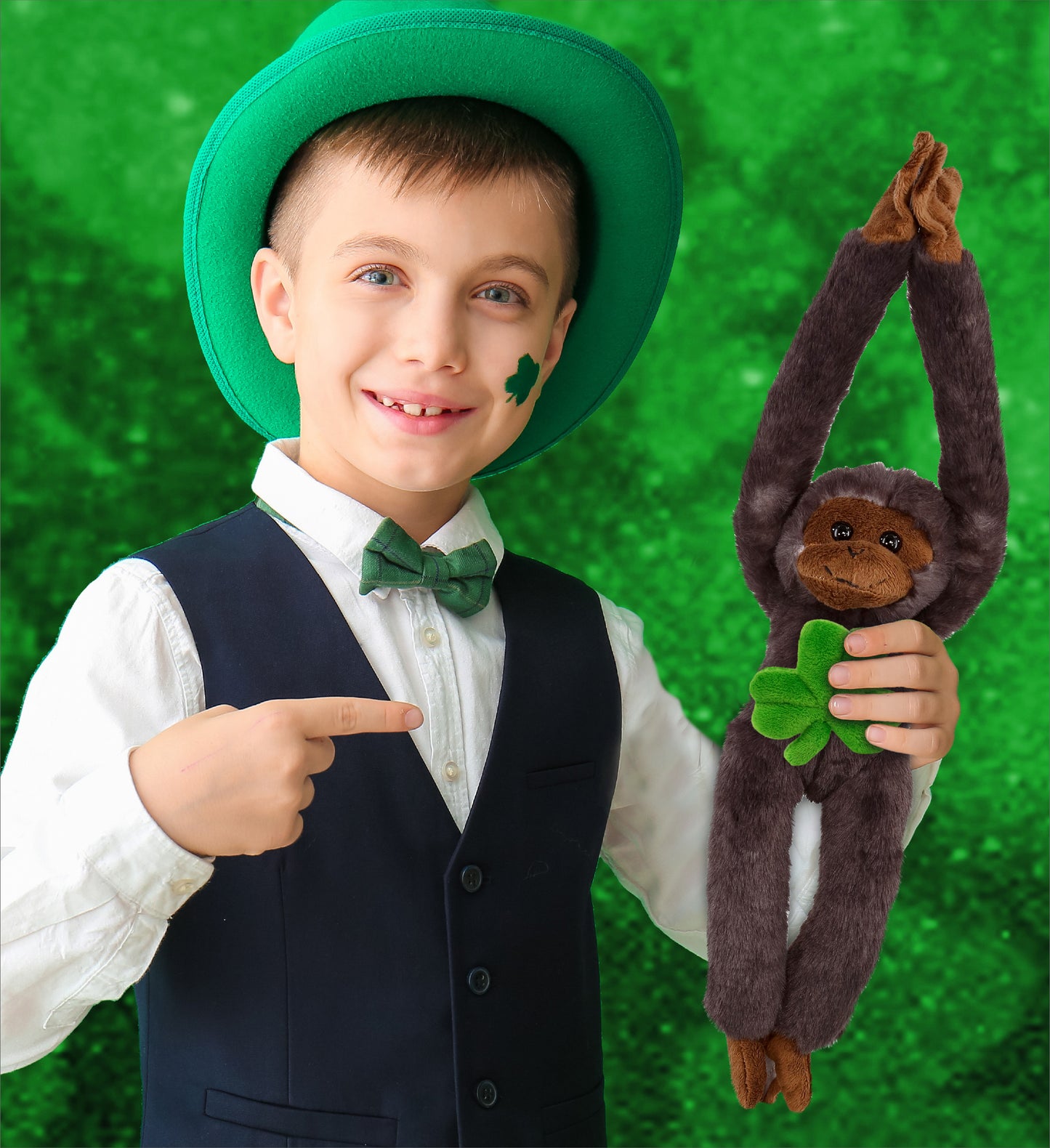 DolliBu Black Capuchin Monkey Stuffed Animal with Green Plush Shamrock, 21 Inch
