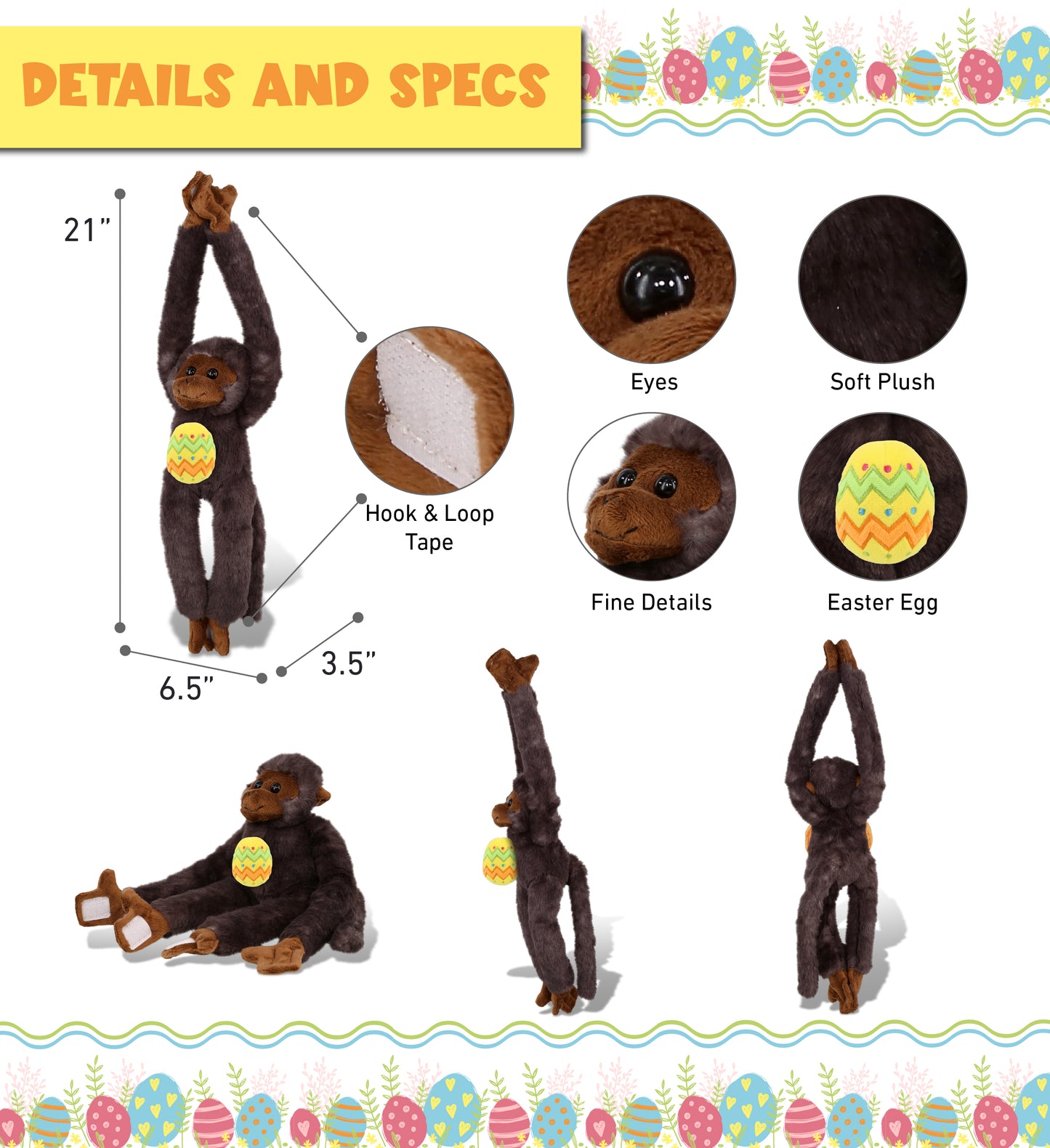 DolliBu Long Arm Black Capuchin Monkey with Yellow Easter Egg Plush - 21 Inches