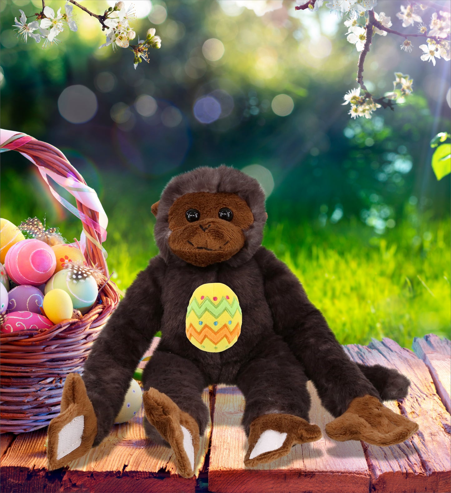 DolliBu Long Arm Black Capuchin Monkey with Yellow Easter Egg Plush - 21 Inches
