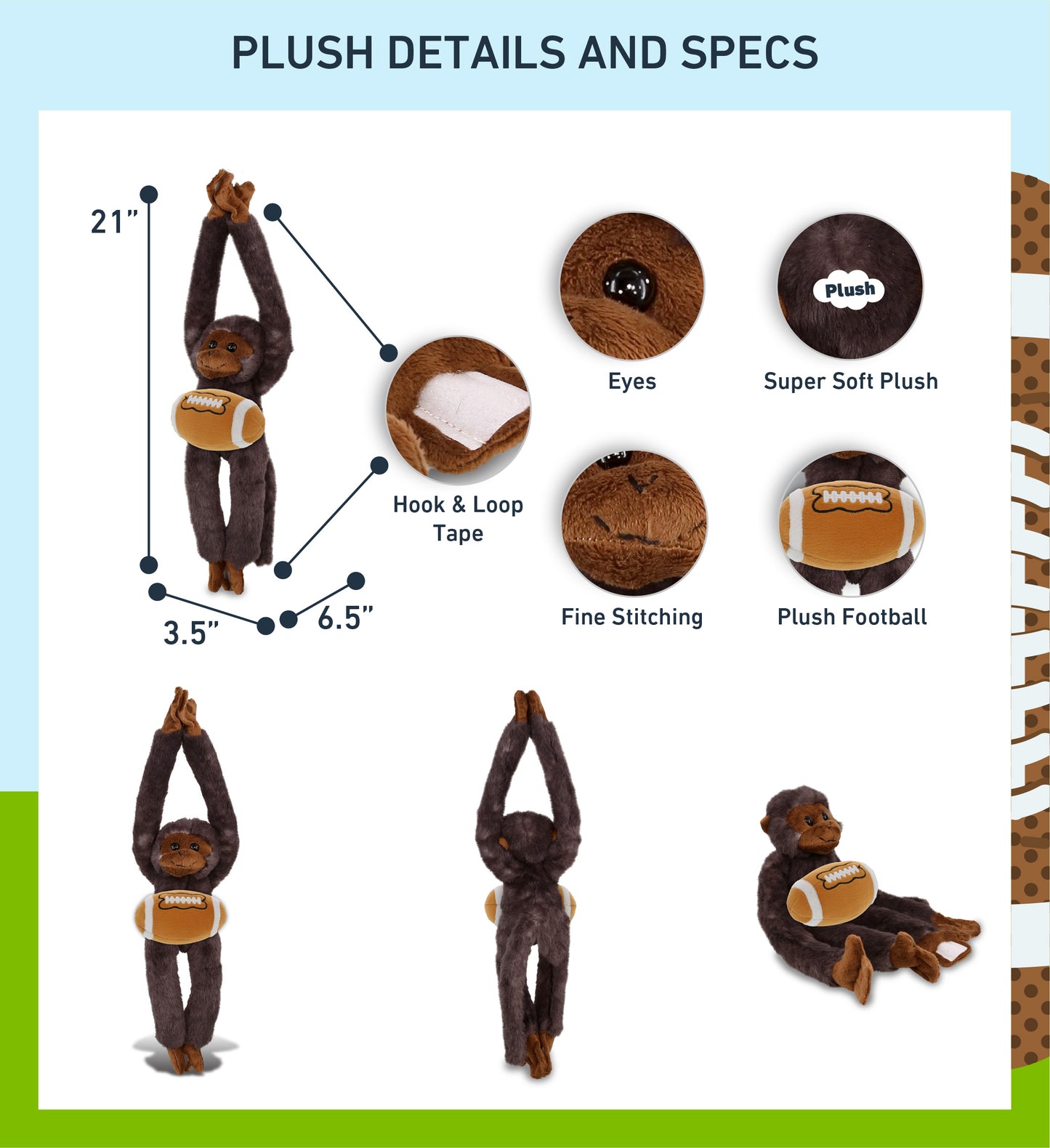 SUPER SOFT PLUSH - LONG ARM HANGING BLACK CAPUCHIN MONKEY WITH FOOTBALL PLUSH