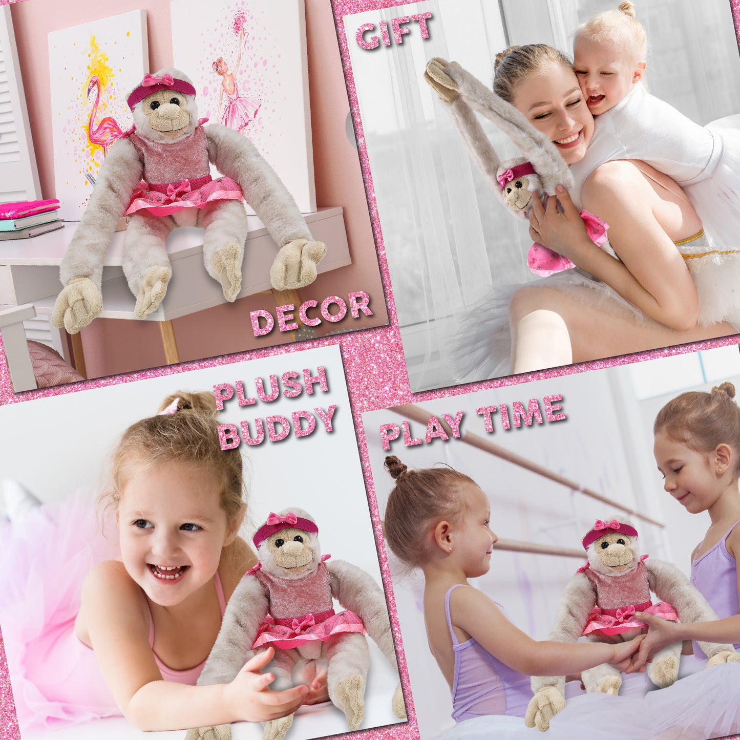 SUPER SOFT PLUSH - LONG ARM HANGING WHITE SQUIRREL MONKEY BALLERINA