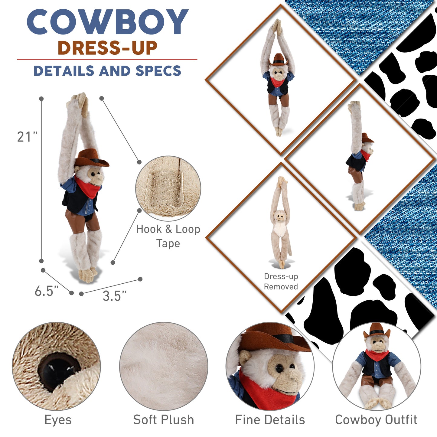 SUPER SOFT PLUSH - LONG ARM HANGING WHITE SQUIRREL MONKEY COWBOY DRESS UP