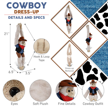SUPER SOFT PLUSH - LONG ARM HANGING WHITE SQUIRREL MONKEY COWBOY DRESS UP