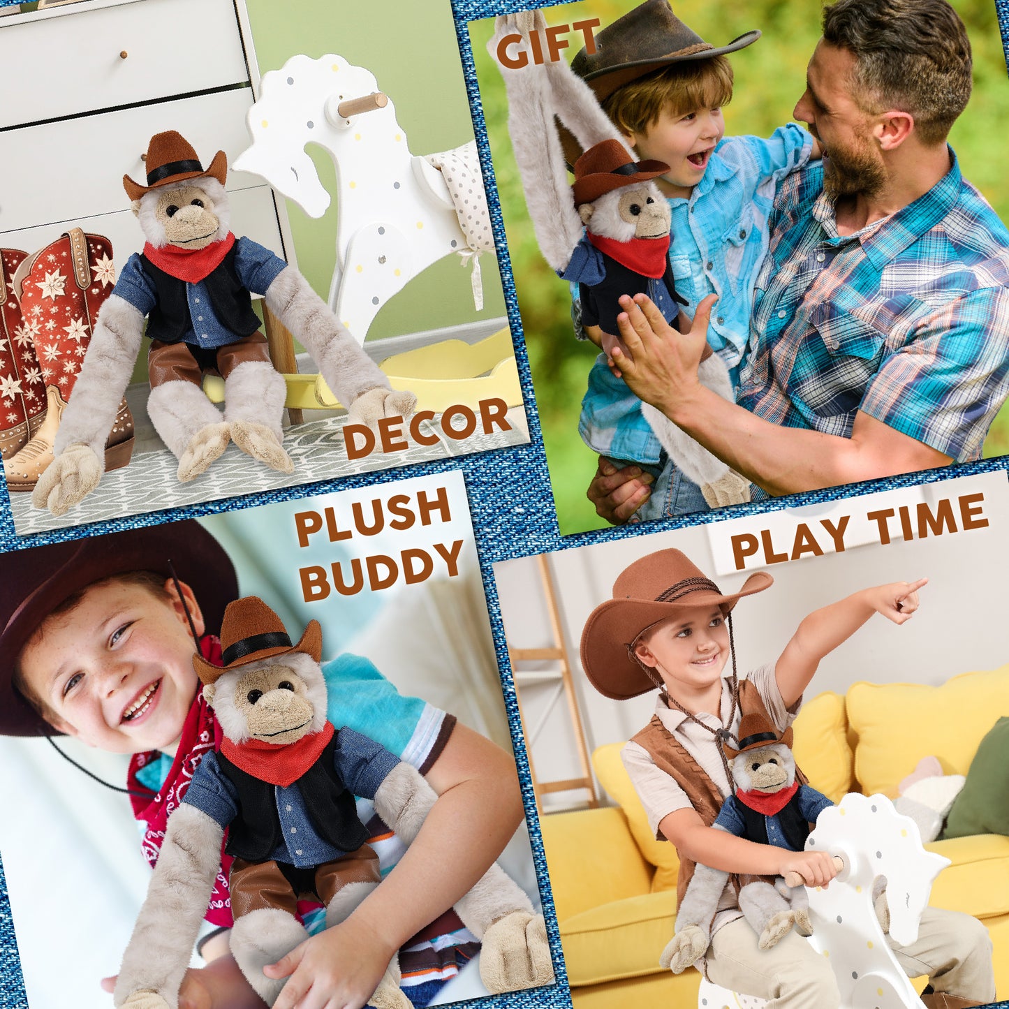 SUPER SOFT PLUSH - LONG ARM HANGING WHITE SQUIRREL MONKEY COWBOY DRESS UP