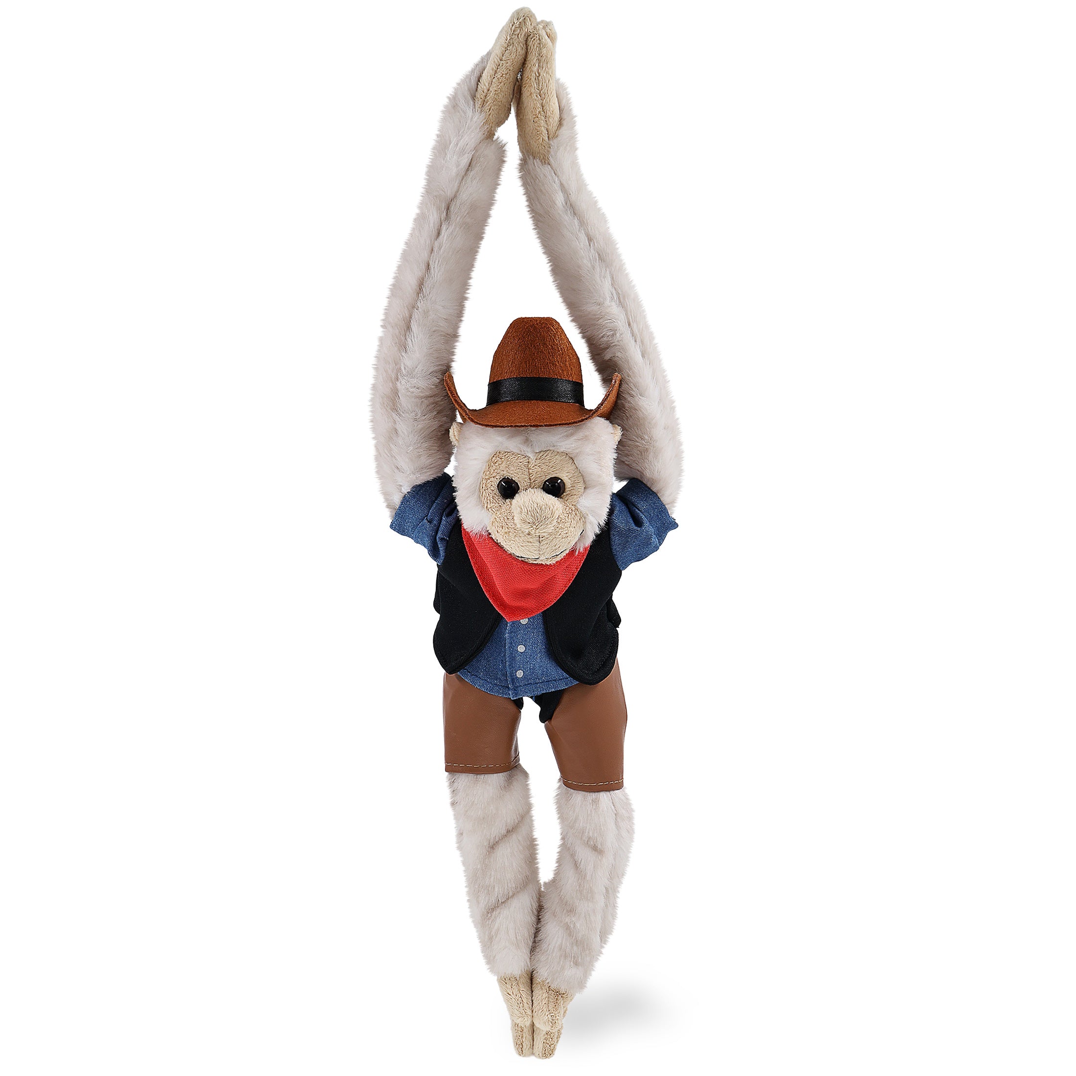 SUPER SOFT PLUSH - LONG ARM HANGING WHITE SQUIRREL MONKEY COWBOY DRESS UP