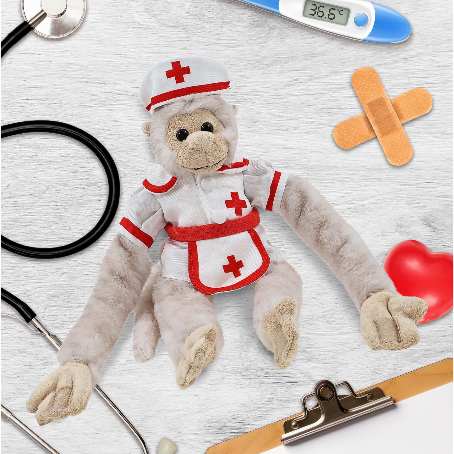 SUPER SOFT PLUSH - LONG ARM HANGING WHITE SQUIRREL MONKEY With NURSE Dress-Up