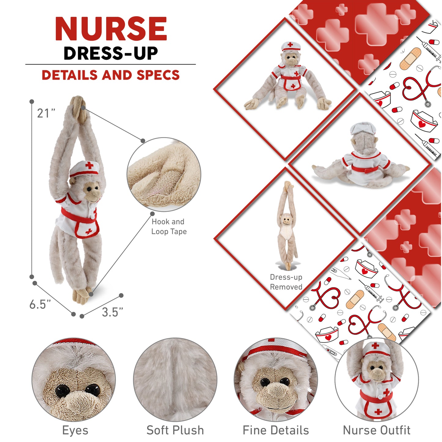 SUPER SOFT PLUSH - LONG ARM HANGING WHITE SQUIRREL MONKEY With NURSE Dress-Up