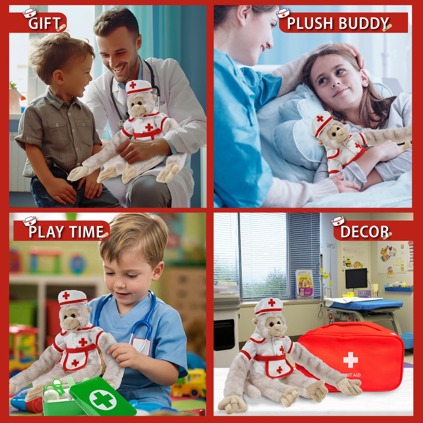 SUPER SOFT PLUSH - LONG ARM HANGING WHITE SQUIRREL MONKEY With NURSE Dress-Up