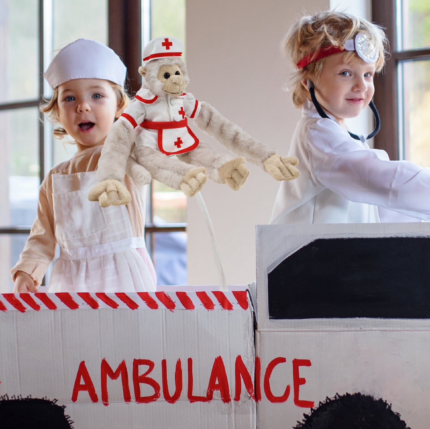 SUPER SOFT PLUSH - LONG ARM HANGING WHITE SQUIRREL MONKEY With NURSE Dress-Up