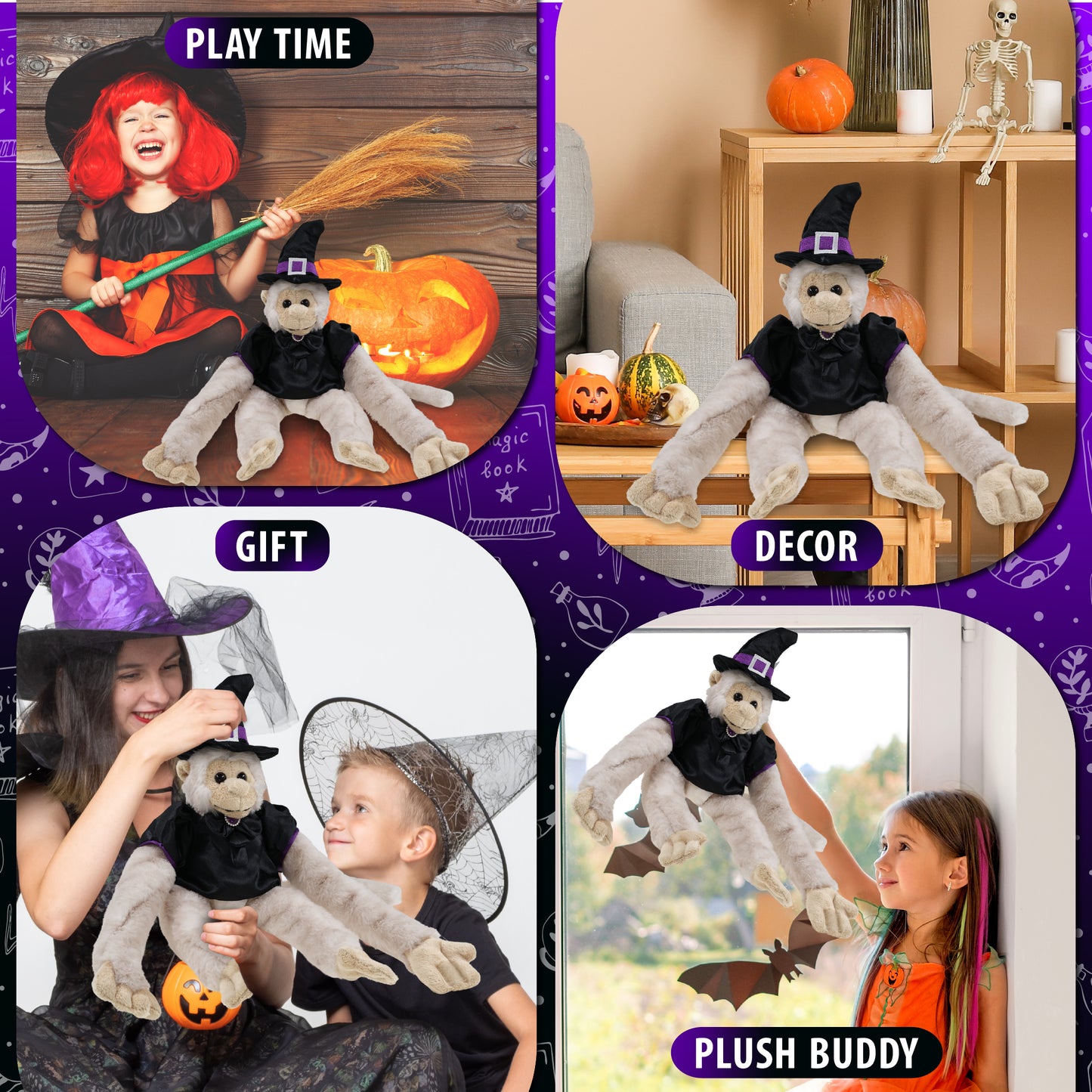 SUPER SOFT PLUSH - LONG ARM HANGING WHITE SQUIRREL MONKEY WITCH