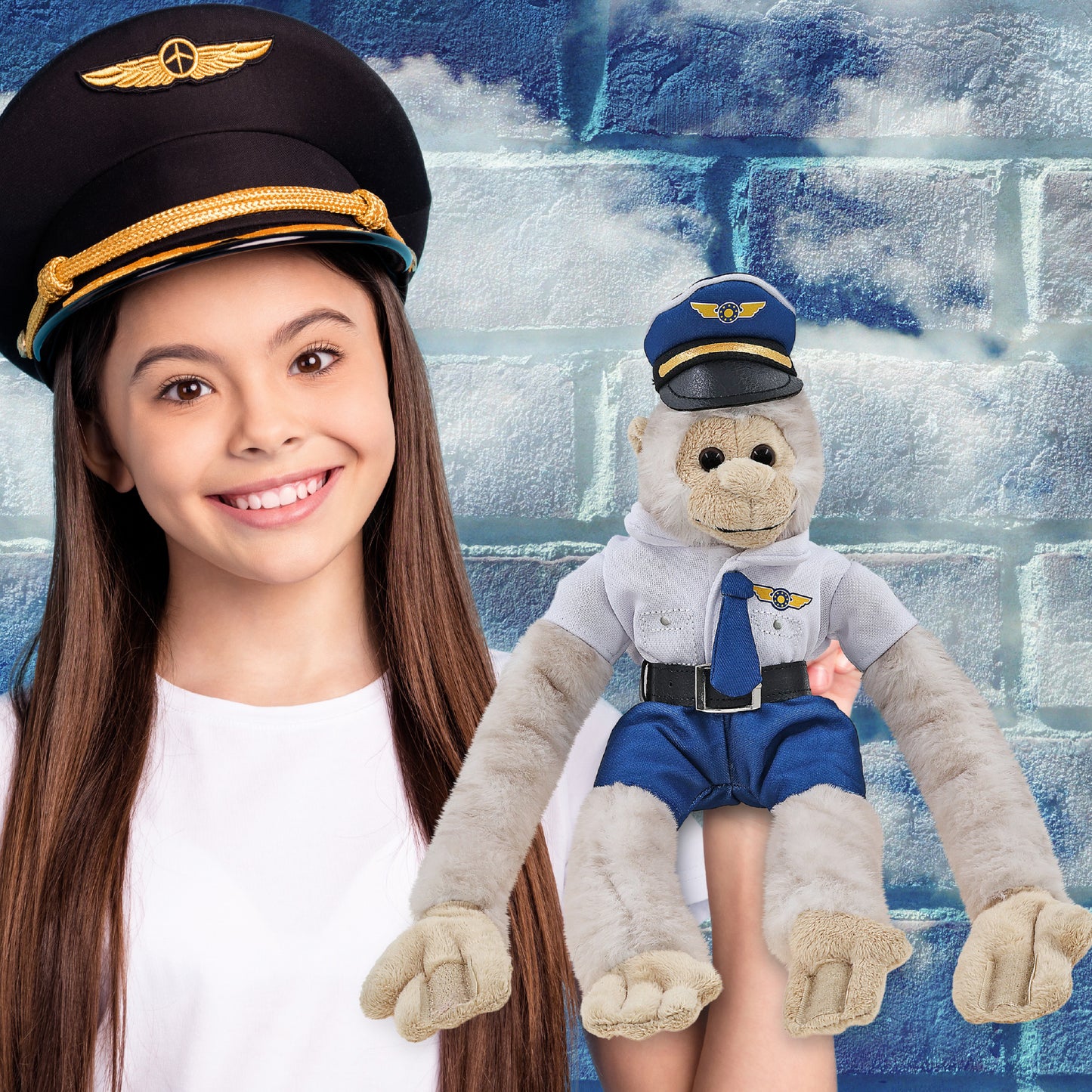 SUPER SOFT PLUSH - LONG ARM HANGING WHITE SQUIRREL MONKEY WITH PILOT DRESS UP