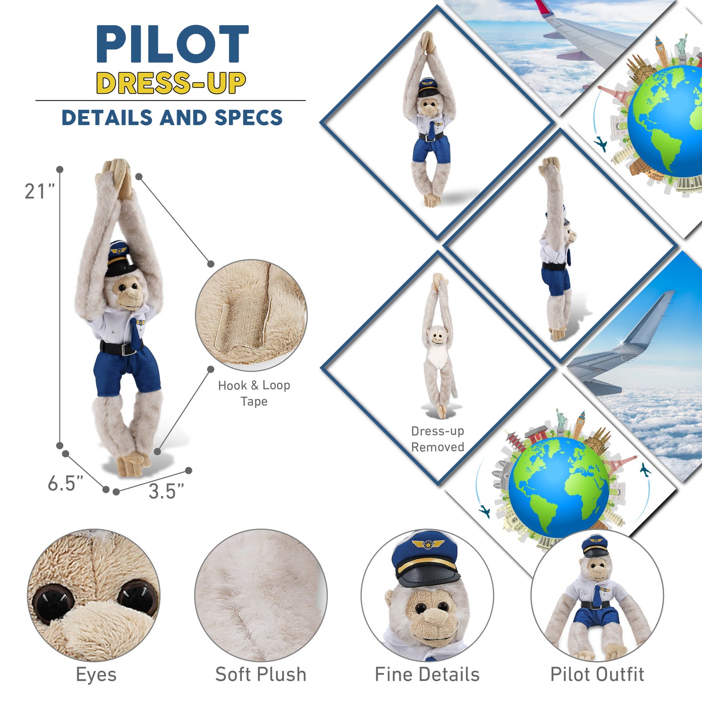 SUPER SOFT PLUSH - LONG ARM HANGING WHITE SQUIRREL MONKEY WITH PILOT DRESS UP