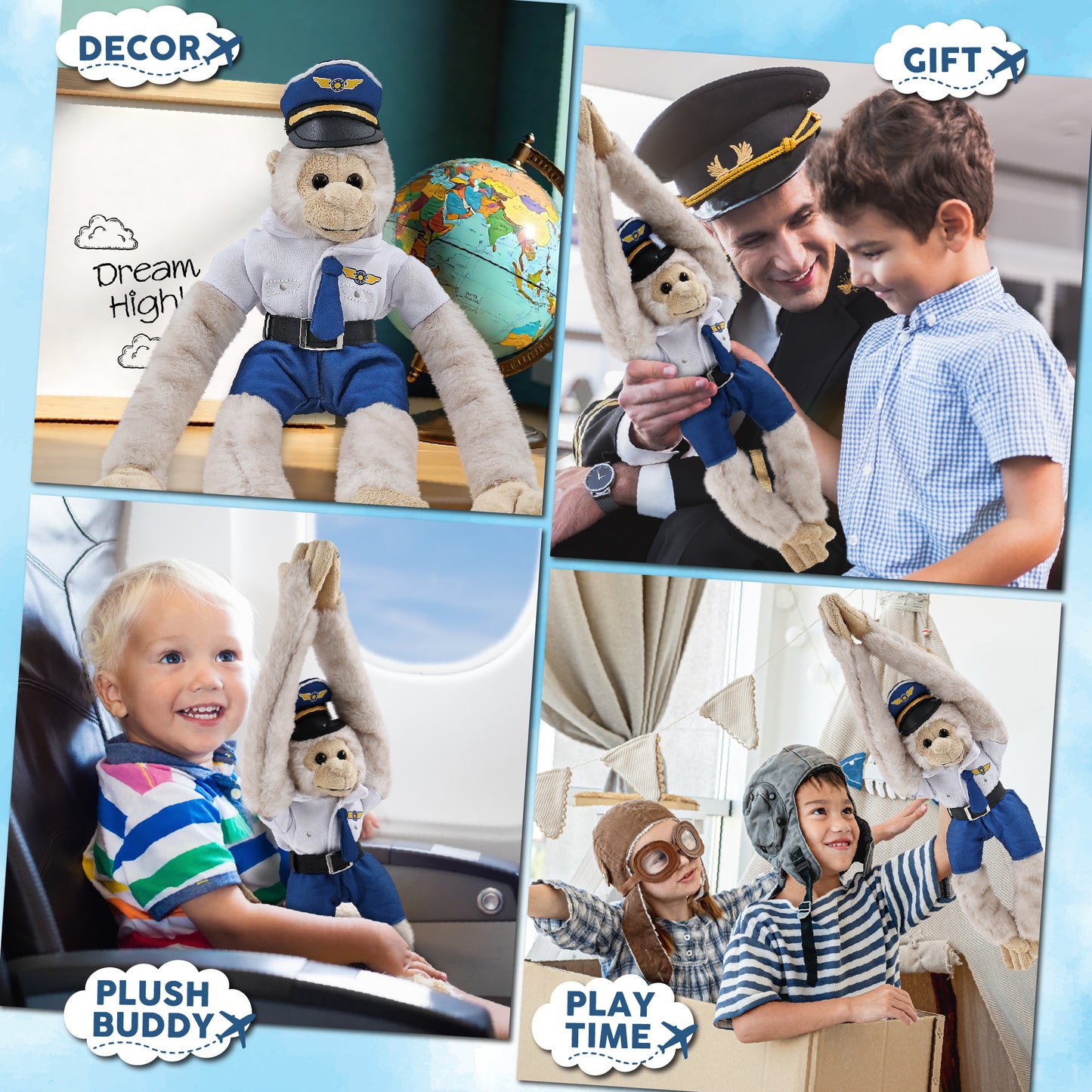 SUPER SOFT PLUSH - LONG ARM HANGING WHITE SQUIRREL MONKEY WITH PILOT DRESS UP