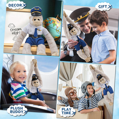 SUPER SOFT PLUSH - LONG ARM HANGING WHITE SQUIRREL MONKEY WITH PILOT DRESS UP