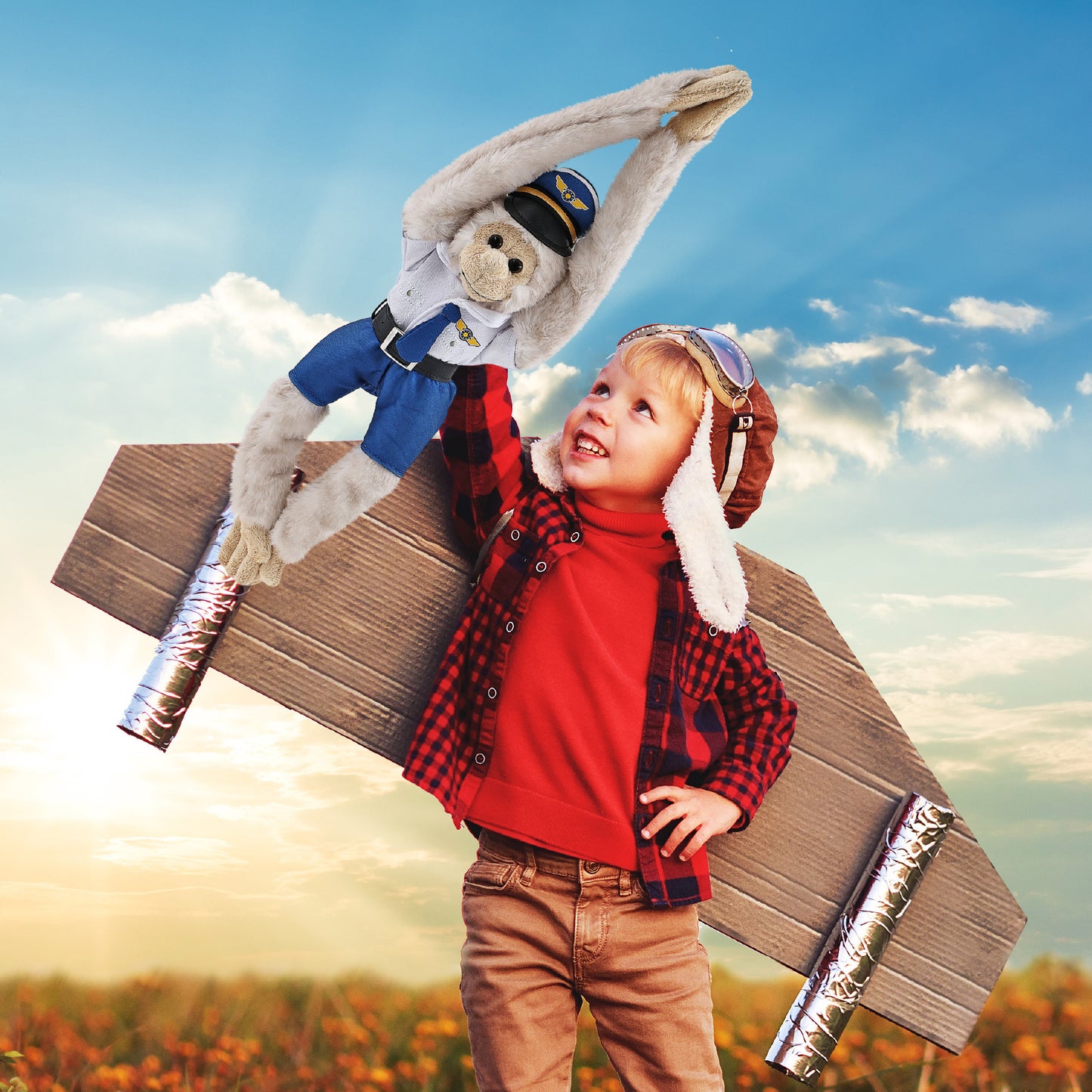 SUPER SOFT PLUSH - LONG ARM HANGING WHITE SQUIRREL MONKEY WITH PILOT DRESS UP