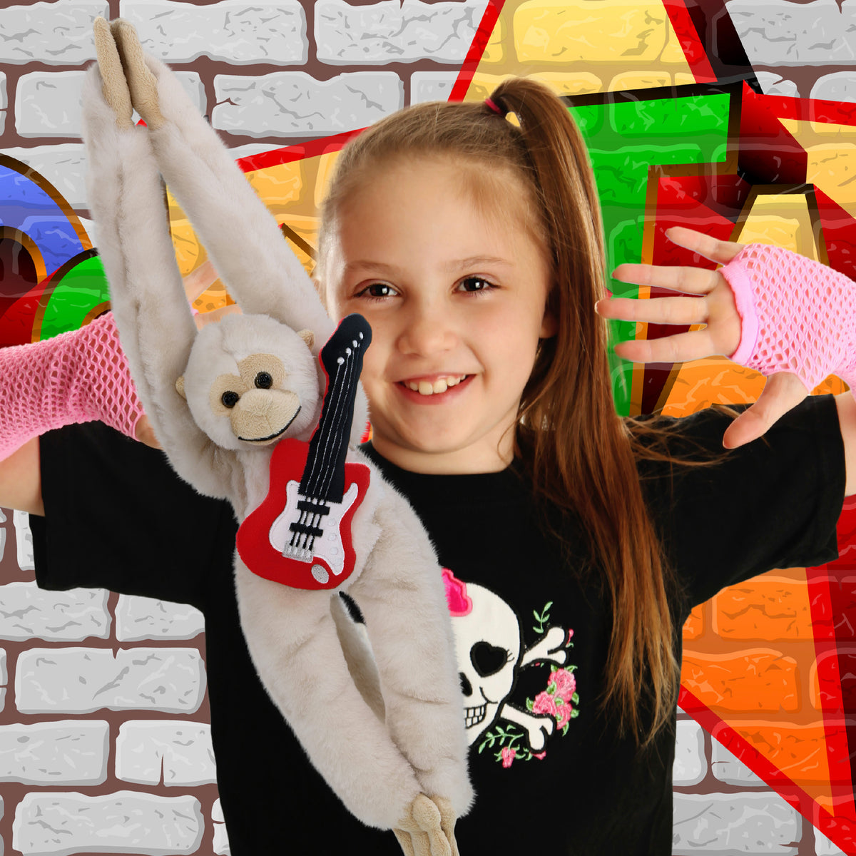 SUPER SOFT PLUSH - LONG ARM HANGING WHITE SQUIRREL MONKEY WITH GUITAR ADD ON