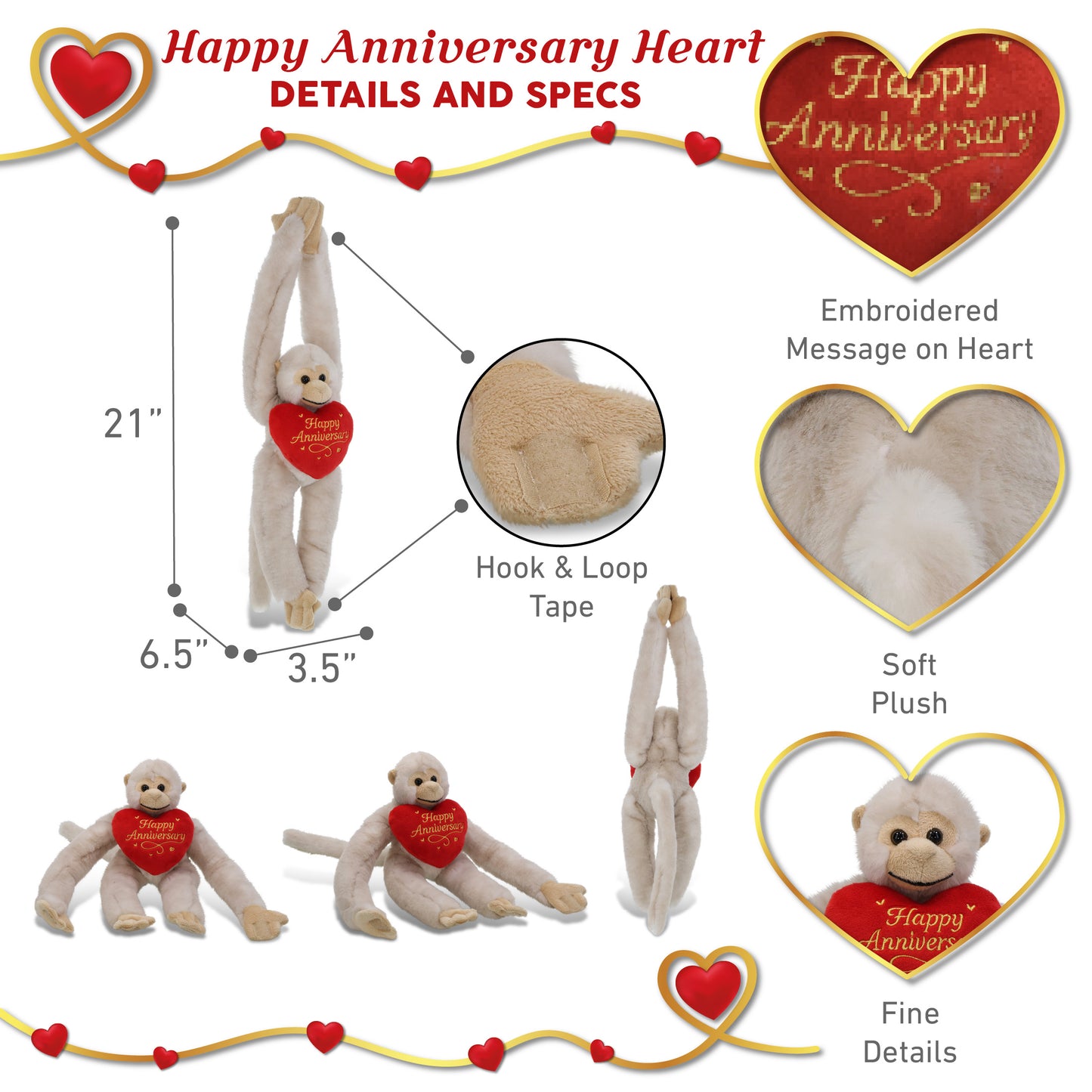 SUPER SOFT PLUSH - LONG ARM HANGING WHITE SQUIRREL MONKEY WITH HAPPY ANNIVERSARY HEART