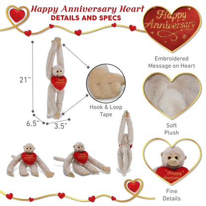 SUPER SOFT PLUSH - LONG ARM HANGING WHITE SQUIRREL MONKEY WITH HAPPY ANNIVERSARY HEART