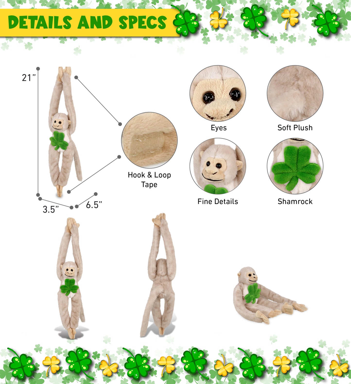 DolliBu Hanging Squirrel Monkey Stuffed Toy with Green Plush Shamrock - 21 Inch