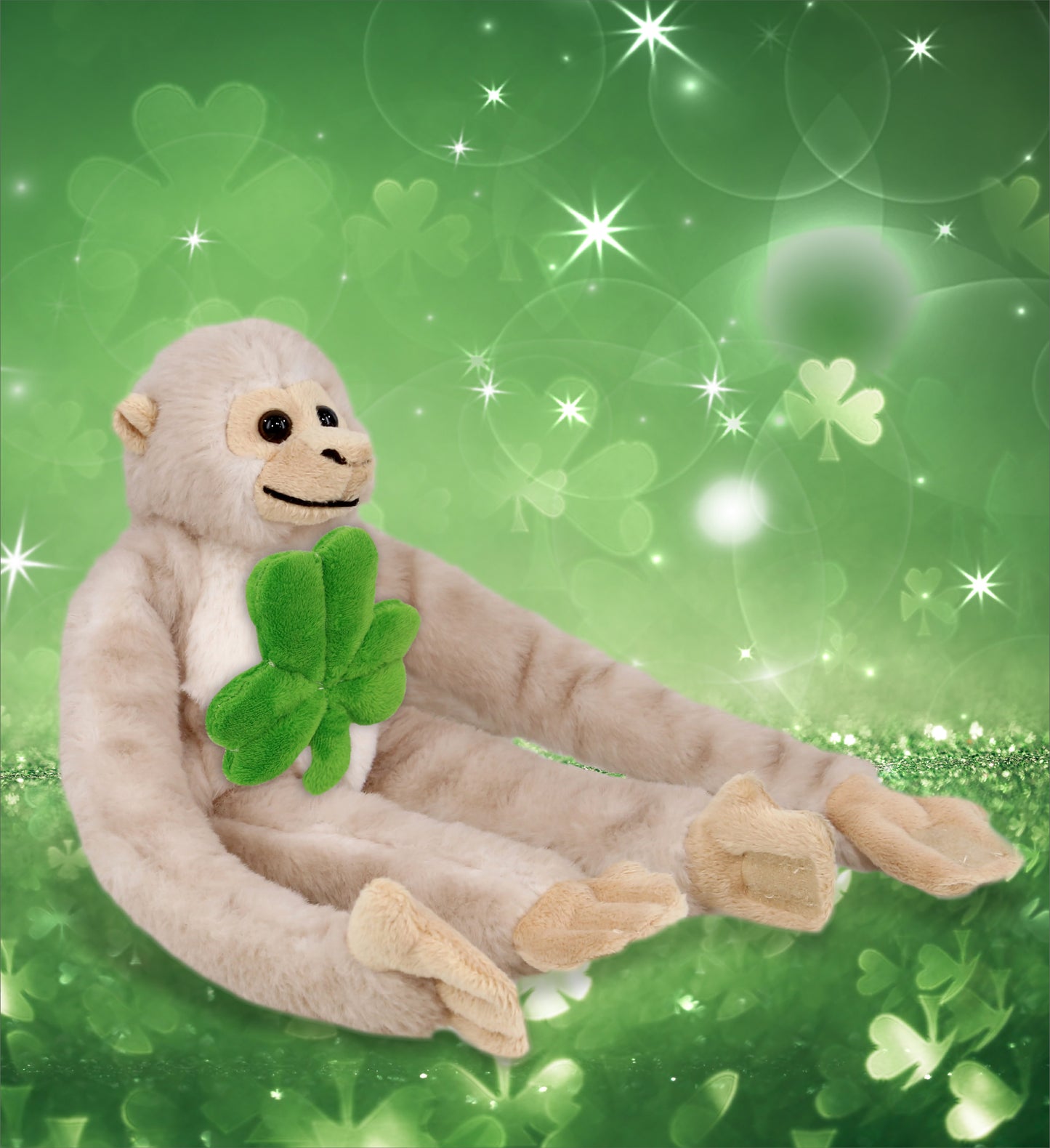 DolliBu Hanging Squirrel Monkey Stuffed Toy with Green Plush Shamrock - 21 Inch