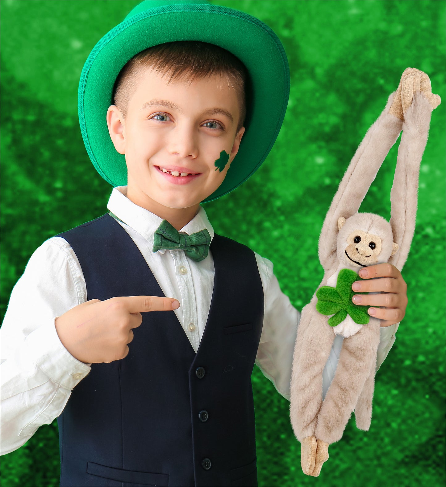 DolliBu Hanging Squirrel Monkey Stuffed Toy with Green Plush Shamrock - 21 Inch