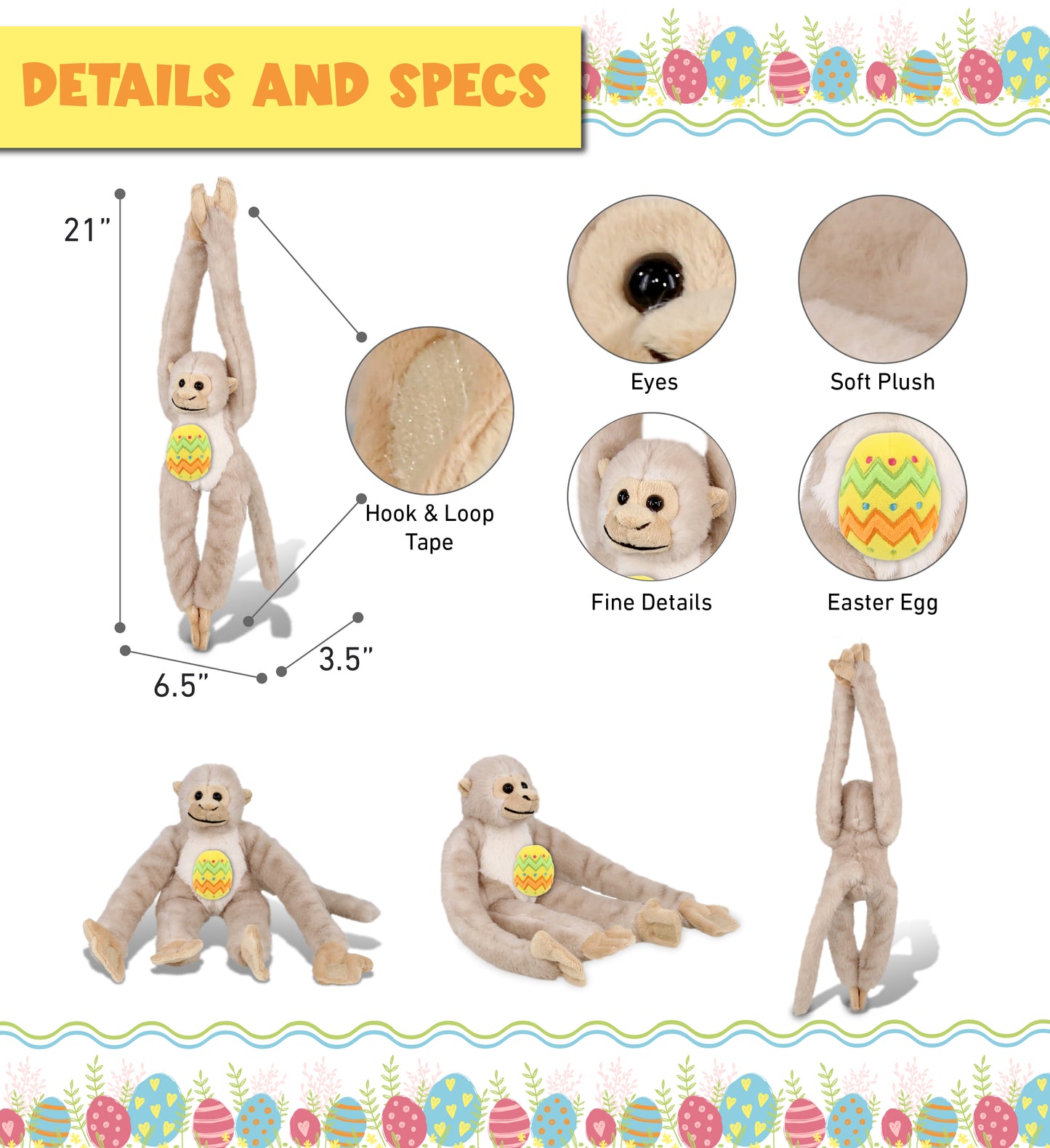 DolliBu Long Arm White Squirrel Monkey with Yellow Easter Egg Plush - 21 Inches