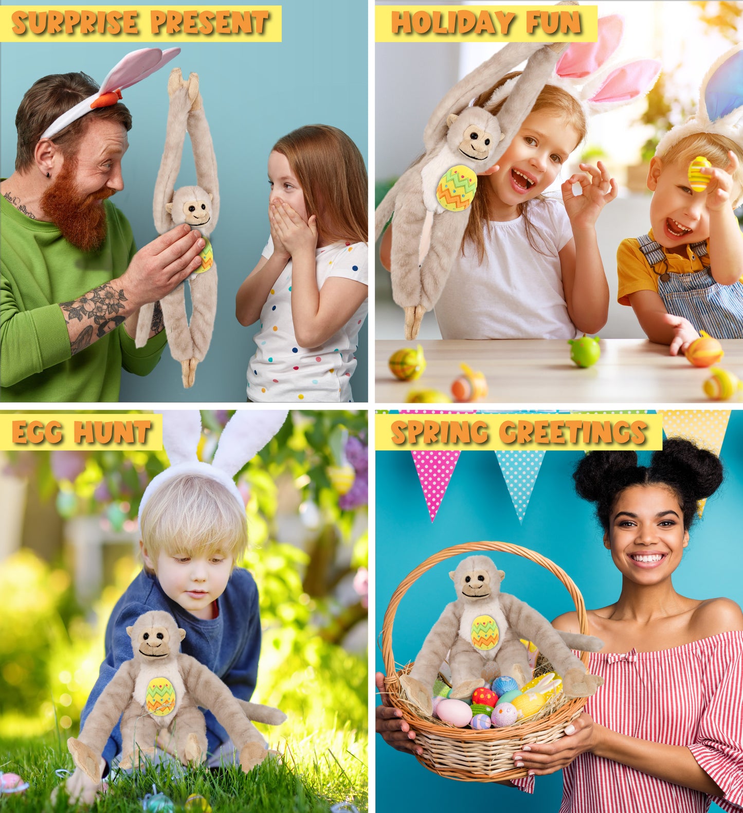 DolliBu Long Arm White Squirrel Monkey with Yellow Easter Egg Plush - 21 Inches