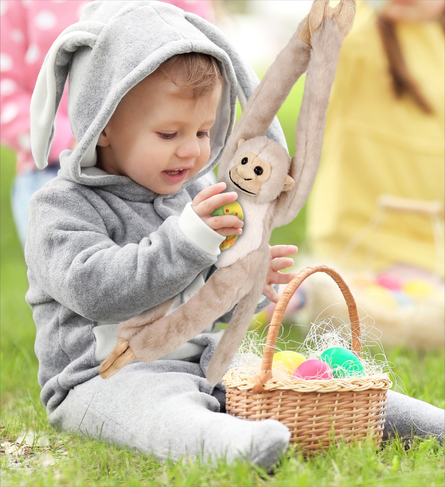 DolliBu Long Arm White Squirrel Monkey with Yellow Easter Egg Plush - 21 Inches