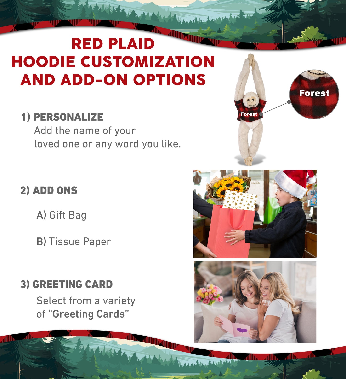 SUPER SOFT PLUSH - LONG ARM HANGING WHITE SQUIRREL MONKEY WITH RED PLAID HOODIE