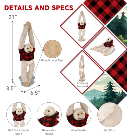 SUPER SOFT PLUSH - LONG ARM HANGING WHITE SQUIRREL MONKEY WITH RED PLAID HOODIE