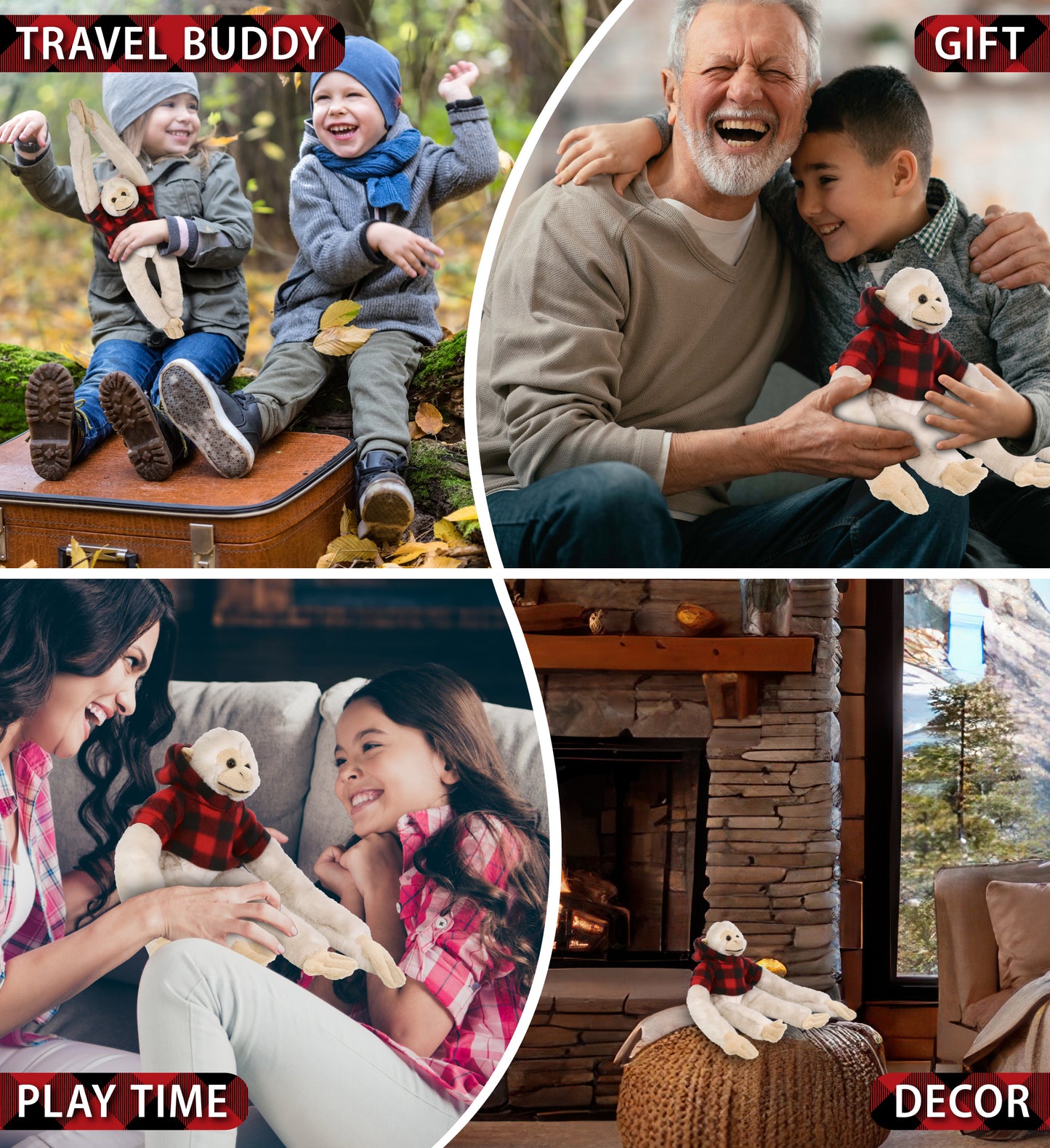 SUPER SOFT PLUSH - LONG ARM HANGING WHITE SQUIRREL MONKEY WITH RED PLAID HOODIE