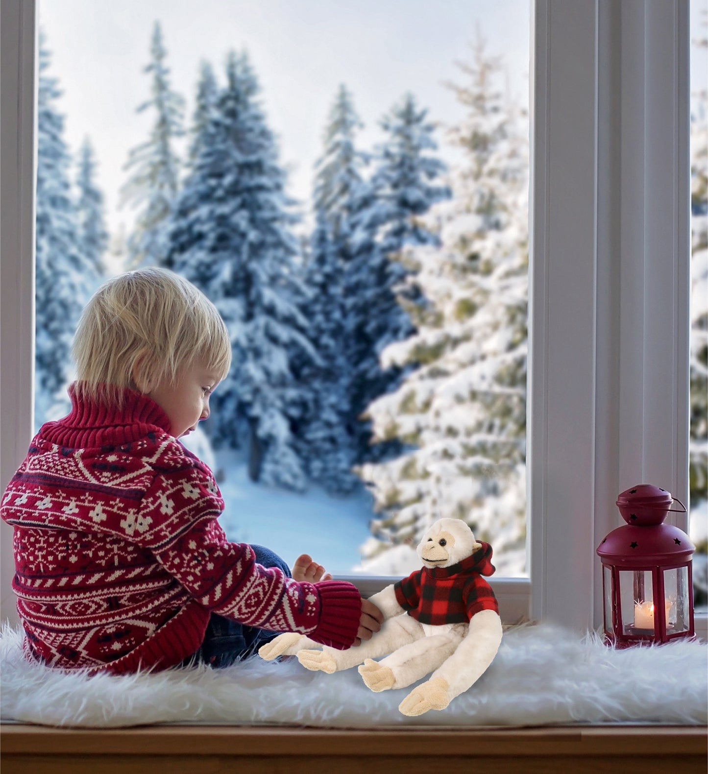 SUPER SOFT PLUSH - LONG ARM HANGING WHITE SQUIRREL MONKEY WITH RED PLAID HOODIE